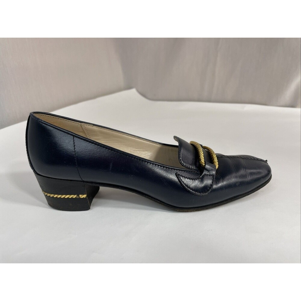 GUCCI Women's Navy Blue Leather Shoes 7 Block Heels Black Heel